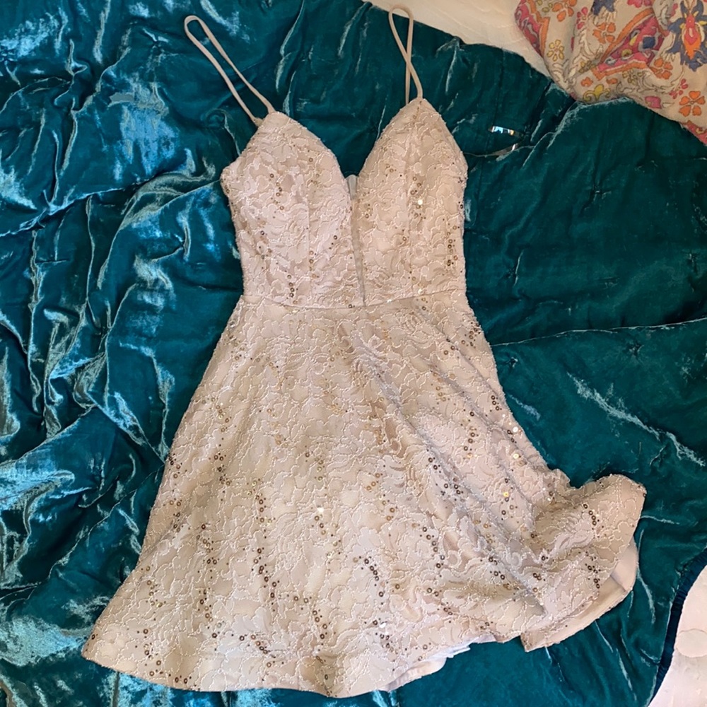 WORN ONCE: tan w gold sequence homecoming dress